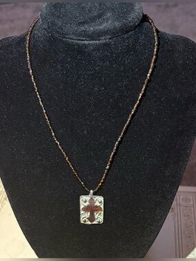 Beaded Brown Cross Pendant Necklace